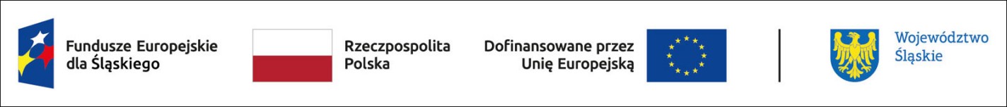 Logotypy programu Fundusze Europejskie dla Śląskiego: od lewej symbol Funduszy Europejskich, flaga Rzeczypospolitej Polski, flaga Unii Europejskiej z dopiskiem Dofinasowane przez Unię Europejską 