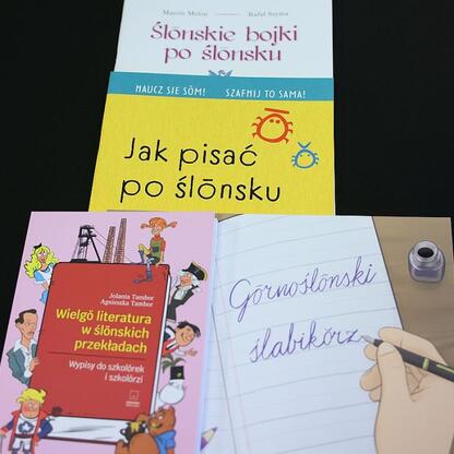 Kolekcja książek i materiałów edukacyjnych związanych z językiem i kulturą śląską, prezentowanych w Silesia Library w Katowicach. (wygenerowano przez AI)