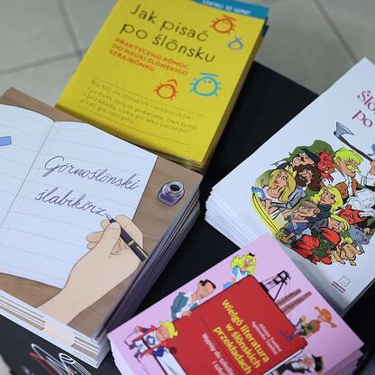 Kolekcja książek i materiałów edukacyjnych poświęconych języku i kulturze śląskiej, prezentowana w Bibliotece Śląskiej w Katowicach. (wygenerowano przez AI)