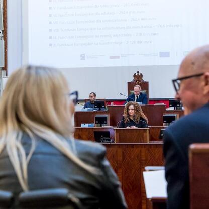 Formalne spotkanie w Sejmiku Osób z Niepełnosprawnością Województwa Śląskiego, gdzie dyskutuje się o finansowaniu projektów dostępowych. (wygenerowano przez AI)