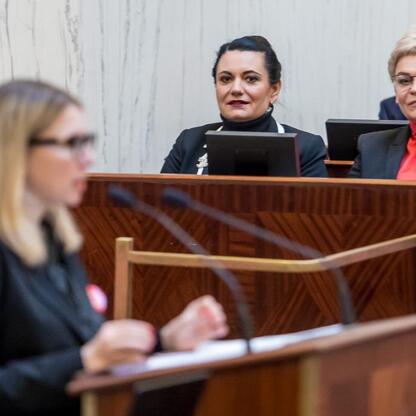 Formalna sesja Sejmiku Osób z Niepełnosprawnością Województwa Śląskiego, gdzie Monika Sikora i Rafał Adamczyk omawiają projekty dostępności. (wygenerowano przez AI)