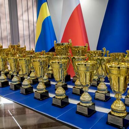 Targi sportowe w Wojewódzkim Urzędzie Marszałkowskim w Katowicach, gdzie rozdawane są nagrody za sukcesy w zawodach sportowych szkolnych. (wygenerowano przez AI)