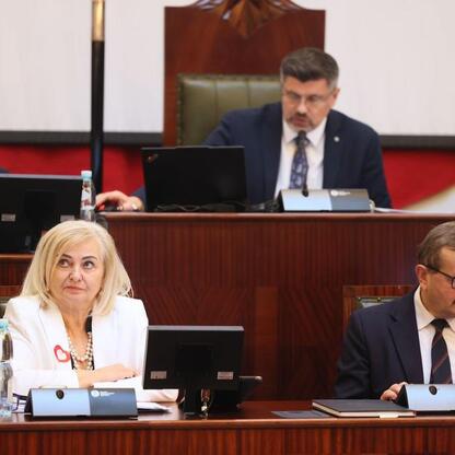 Sesja Sejmiku Województwa Śląskiego, gdzie radni omawiają zmiany w budżecie i infrastrukturze. (wygenerowano przez AI)
