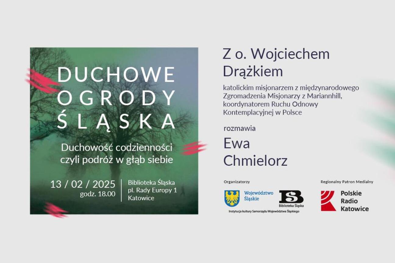 Promocja spotkania z cyklu "Duchowe Ogrody Śląska" w Bibliotece Śląskiej. (wygenerowano przez AI)