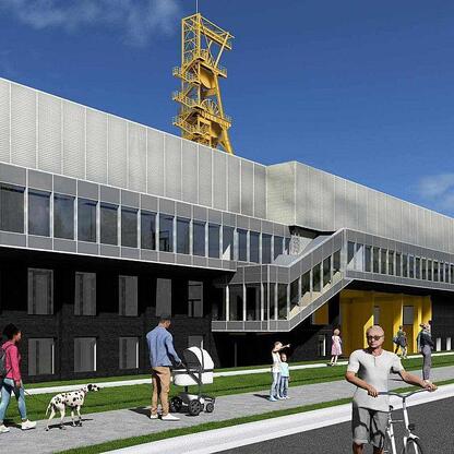 Modern architectural rendering of a transformed former coal mine site in Sosnowiec, Poland, under the project 