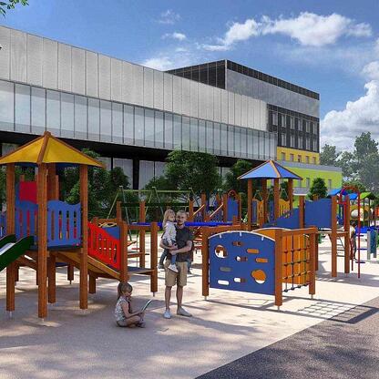 Kolorowy plac zabaw w renowowanym Kazimierzu, fundowany z Unii Europejskiej. (wygenerowano przez AI)