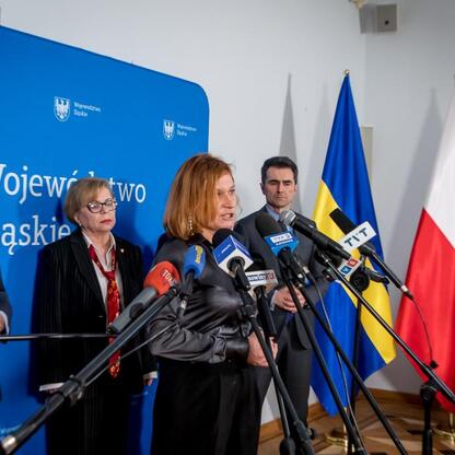 Wojciech Saługa, Marszałek Województwa Śląskiego, prowadzi briefin w Sali Marmurowej Sejmu Śląskiego. (wygenerowano przez AI)
