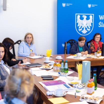 Grupa ludzi w rozmowie w konferencyjnym pomieszczeniu z logo Województwa Śląskiego. (wygenerowano przez AI)