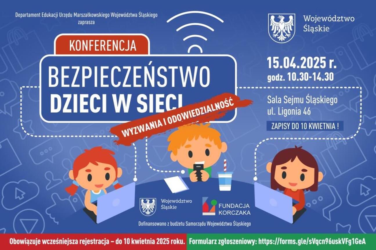 Promocja konferencji "Bezpieczeństwo dzieci w sieci – wyzwania i odpowiedzialność" w Katowicach, 15 kwietnia 2025. (wygenerowano przez AI)