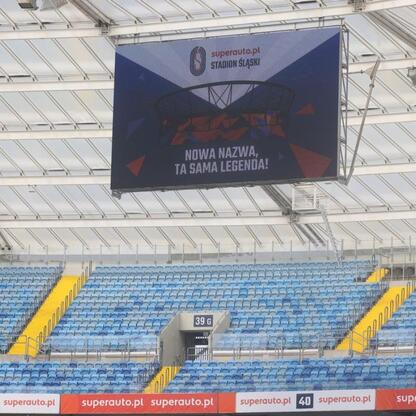 Stadion Śląski, nowy sponsor Superauto.pl, prezentuje nową identyfikację wizualną. (wygenerowano przez AI)
