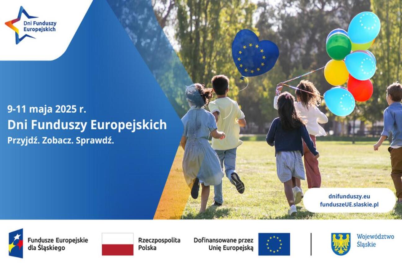 Promocja 12. edycji Dni Funduszy Europejskich w Śląsku, gdzie dzieci bawią się z kolorowymi balonami. (wygenerowano przez AI)