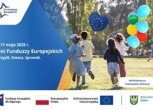 Promocja 12. edycji Dni Funduszy Europejskich w Śląsku, gdzie dzieci bawią się z kolorowymi balonami. (wygenerowano przez AI)