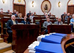 Grzegorz Boski, wicemarszałek Województwa Śląskiego, wręcza certyfikaty funduszy 40 rodzinom działkowym w Sali Sejmu Śląskiego. (wygenerowano przez AI)