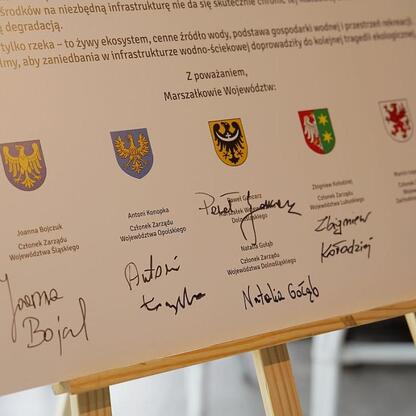 Document displayed on an easel outlines demands for increased funding and infrastructure development in the Oder River region. (wygenerowano przez AI)