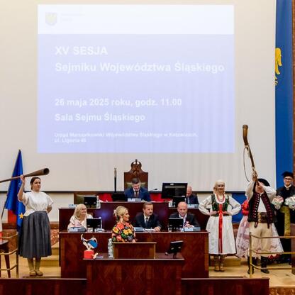 XV Sesja Sejmiku Województwa Śląskiego, 26.05.2025, Silesia Sejm Hall, festiwal Tydzień Kultury Beskidzkiej, tradycyjne stroje. (wygenerowano przez AI)