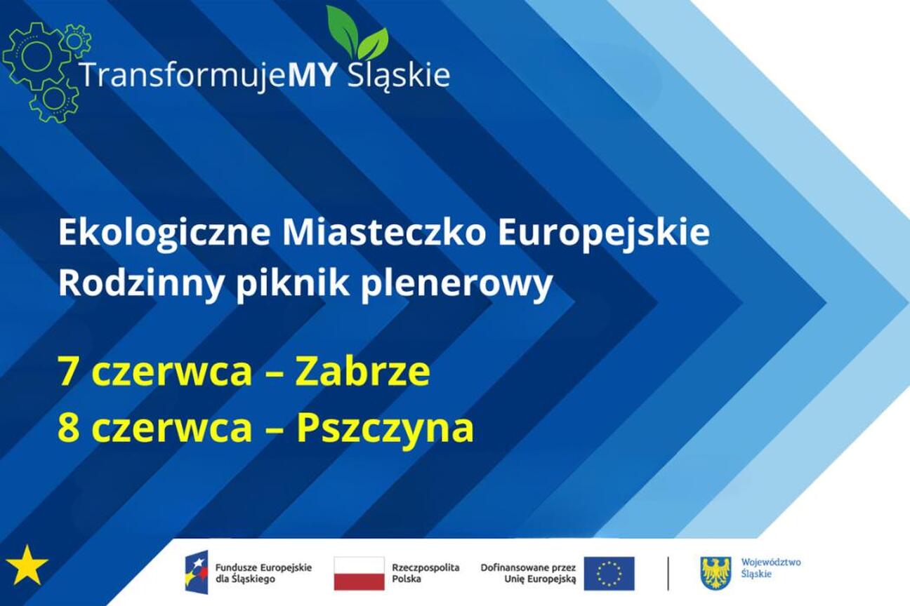 Promocja "Ekologicznych Miasteczek Europejskich" w Zabrzu i Pszczynie, organizowanych przez "TransformujeMY Śląskie," z datami i lokalizacjami. (wygenerowano przez AI)