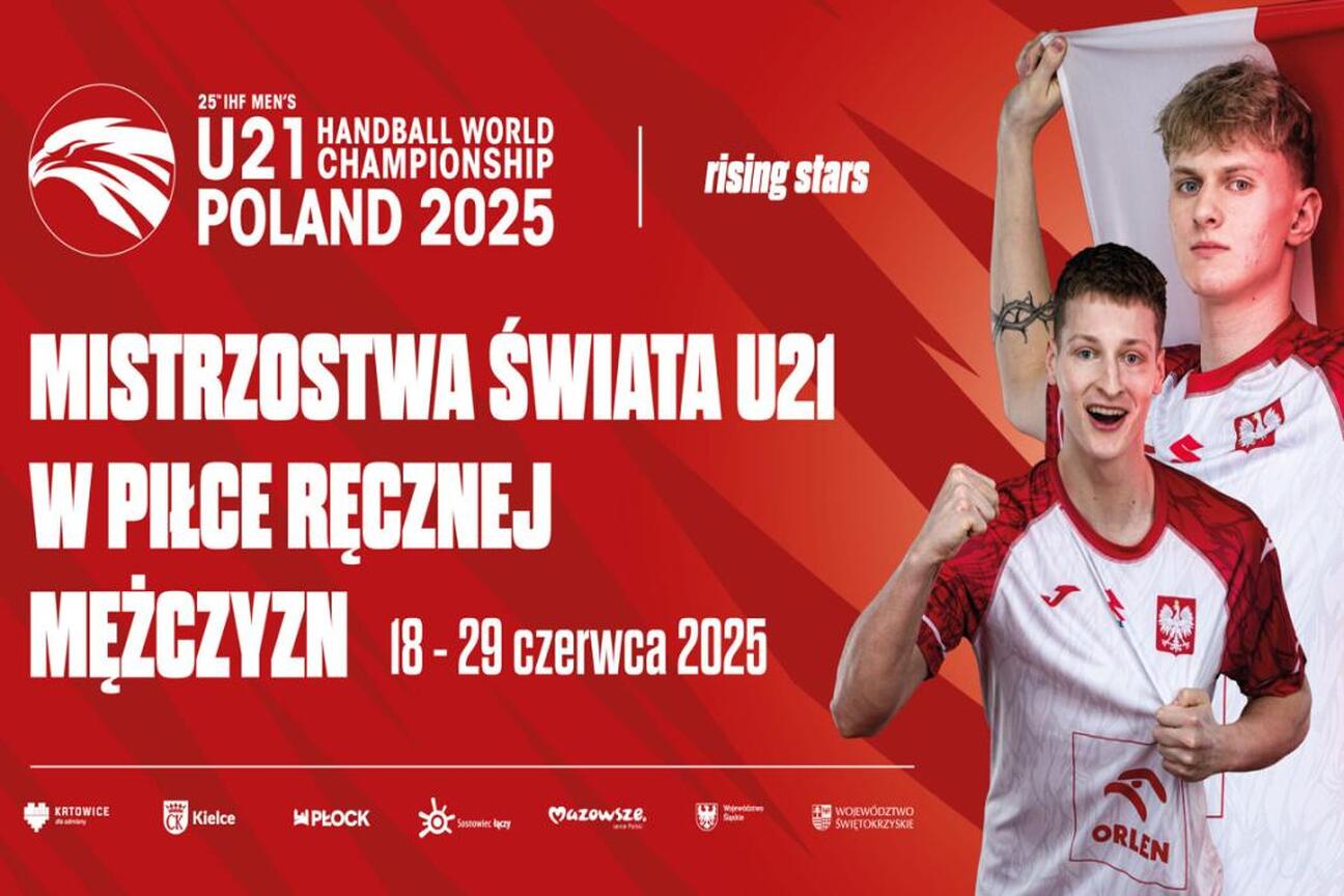 Promocja 25. Mistrzostw Świata w Piłce Ręcznej Mężczyzn U21, które odbędą się w Polsce od 18 do 29 czerwca 2025 roku. (wygenerowano przez AI)