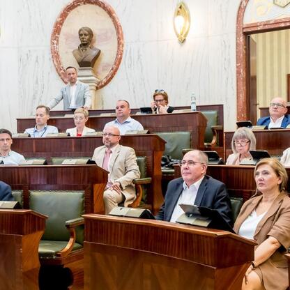 Formalna sesja Sejmiku Województwa Śląskiego, gdzie zarząd otrzymał wotum zaufania i absolutorium. (wygenerowano przez AI)
