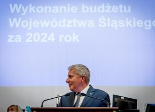 Formalna sesja Sejmiku Województwa Śląskiego, gdzie dyskutowane są finanse i administracja regionu. (wygenerowano przez AI)