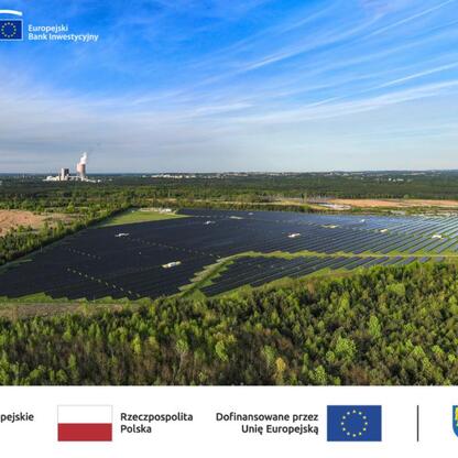 Słoneczny dzień na farmie słonecznej w Silesia, promującą odnawialne źródła energii. (wygenerowano przez AI)