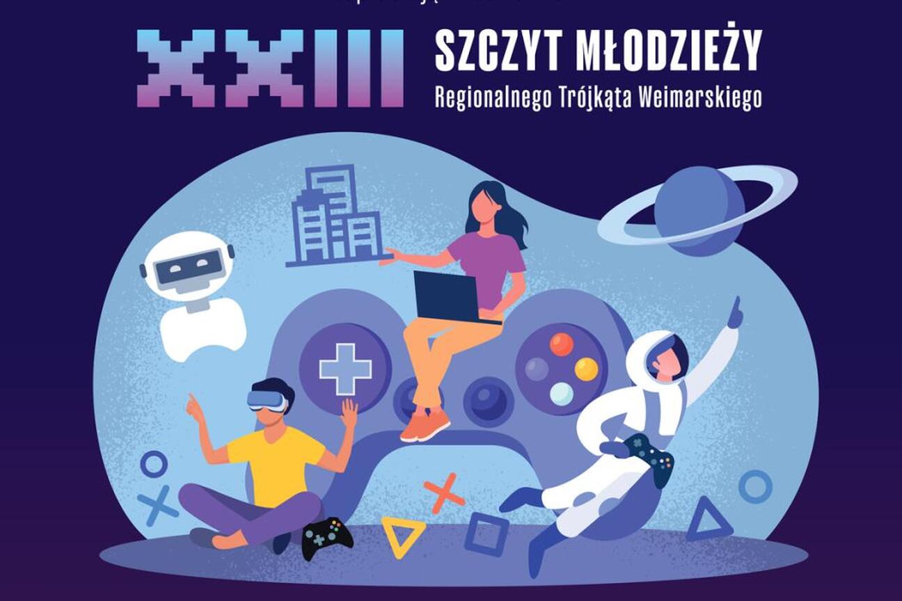 Współczesna ilustracja promująca XXIII Szczyt Młodzieży Regionalnego Trójkąta Weimarskiego, odbędącego się w 2025 roku w Nadrenii Północnej-Westfalii, Niemcy. Temat: "Aktywnie tworzenie przyszłości dz (wygenerowano przez AI)
