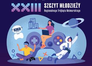 Współczesna ilustracja promująca XXIII Szczyt Młodzieży Regionalnego Trójkąta Weimarskiego, odbędącego się w 2025 roku w Nadrenii Północnej-Westfalii, Niemcy. Temat: "Aktywnie tworzenie przyszłości dz (wygenerowano przez AI)