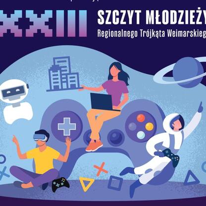 Współczesna ilustracja promująca XXIII Szczyt Młodzieży Regionalnego Trójkąta Weimarskiego, odbędącego się w 2025 roku w Nadrenii Północnej-Westfalii, Niemcy. Temat: 