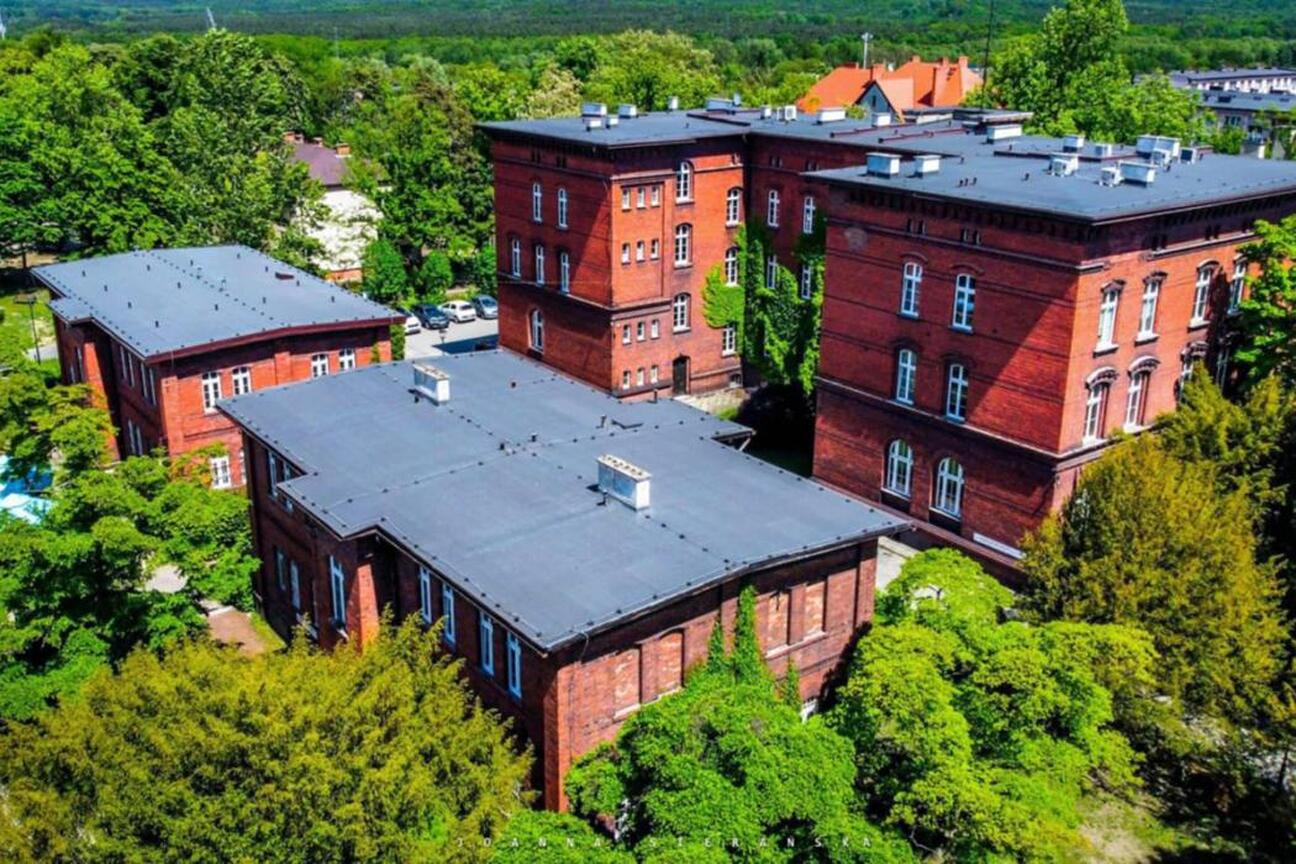 Kliniczny Szpital Psychiatryczny w Rybniku, otoczony kwitnącymi magnoliami, przedstawia czerwony zamek z klasyką. (wygenerowano przez AI)