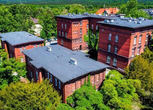 Kliniczny Szpital Psychiatryczny w Rybniku, otoczony kwitnącymi magnoliami, przedstawia czerwony zamek z klasyką. (wygenerowano przez AI)