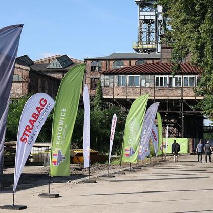 Banners with logos and text mark the transformation of the former KWK 
