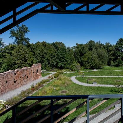 Sceniczny widok z drewnianego tarasu, otaczający zieloną parkową przestrzeń z drogami i zadbanym ogrodem. W tle czerwona cegła i zalesienie. (wygenerowano przez AI)