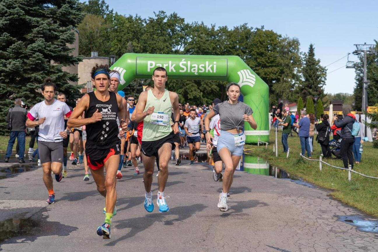 Zawodnicy biegają pod zielonym łukiem "Park Śląski", podczas zawodów biegowych. (wygenerowano przez AI)