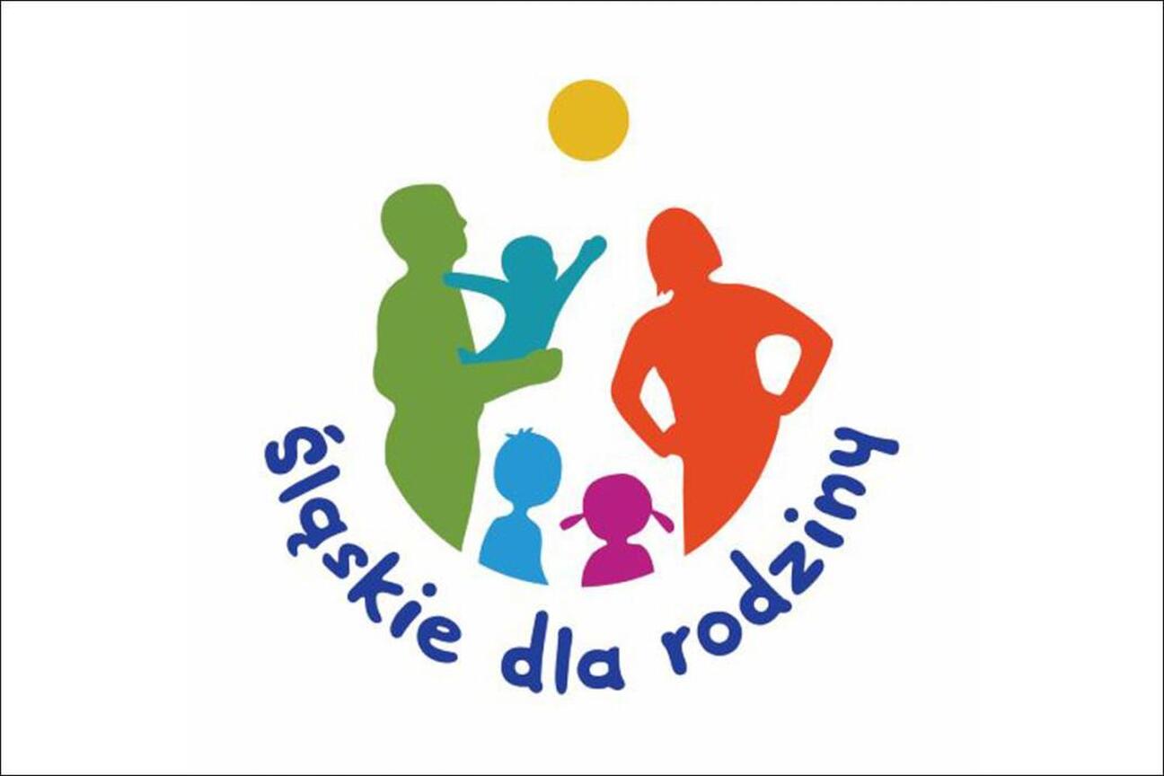 Kolorowy logo z sylwetkami rodziny, symbolizujące wspólne szczęście i wspieranie rodzin w Śląsku. (wygenerowano przez AI)