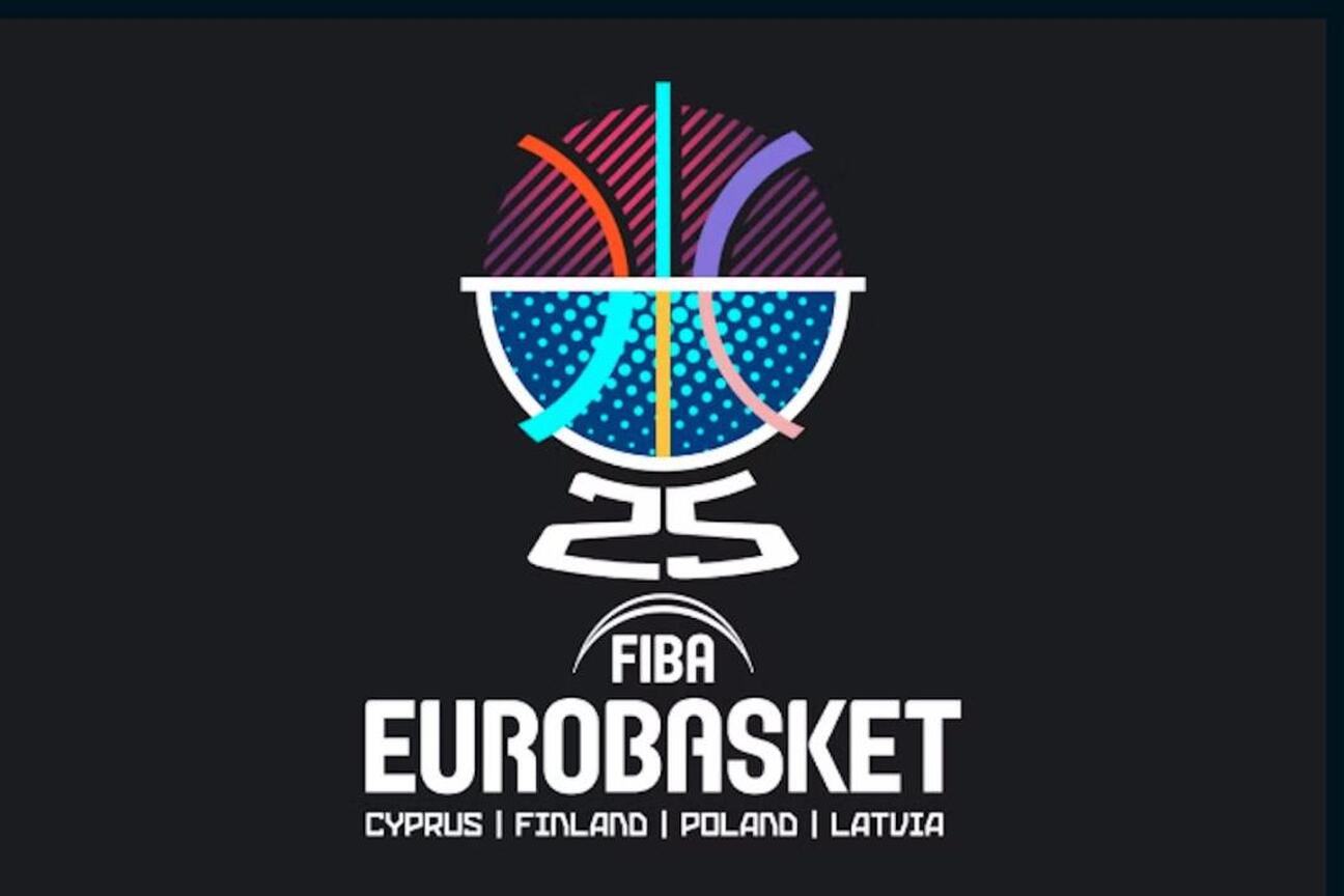 FIBA EuroBasket 2025 logo na czarnym tle, symbolizujące międzynarodowe koszykarskie mistrzostwa. (wygenerowano przez AI)
