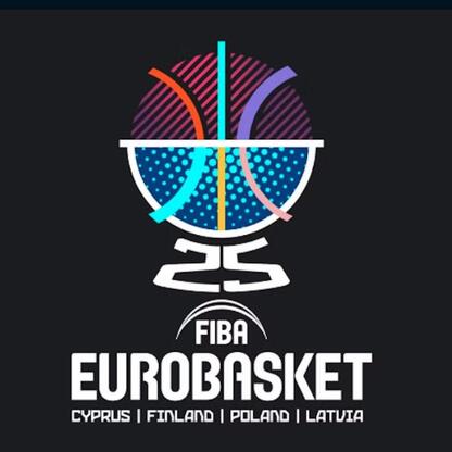 FIBA EuroBasket 2025 logo na czarnym tle, symbolizujące międzynarodowe koszykarskie mistrzostwa. (wygenerowano przez AI)