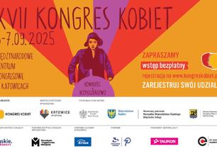 Plakat informujący o XVII Kongresie Kobiet, który odbędzie się w dniach 6-7 września 2025 roku w Katowicach. (wygenerowano przez AI)