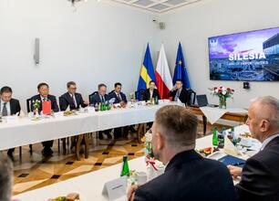 Leszek Pietraszek, wicemarszałek Województwa Śląskiego, wraz z delegacją z Henanu podczas spotkania o współpracy. (wygenerowano przez AI)