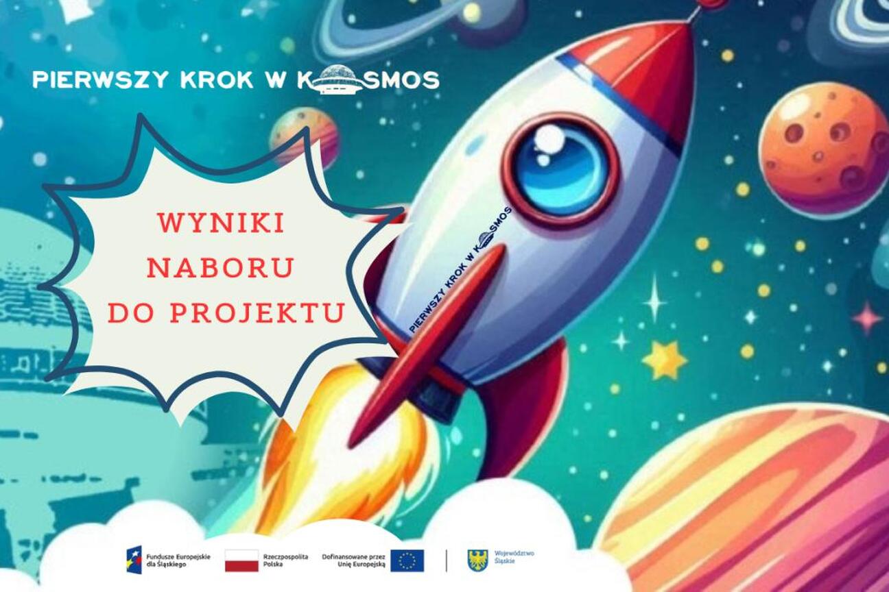 Wizualnie prezentuje projekt "Pierwszy krok w Kosmos" dla szkół i przedszkoli w Śląsku. (wygenerowano przez AI)