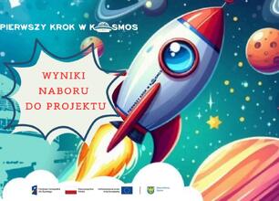 Wizualnie prezentuje projekt "Pierwszy krok w Kosmos" dla szkół i przedszkoli w Śląsku. (wygenerowano przez AI)