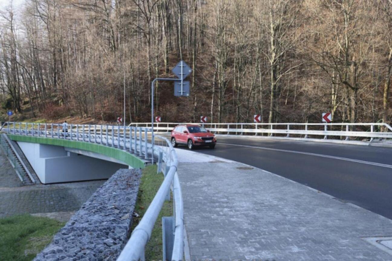 Nowoczesny most pieszy z zielonym przepustem bezpieczeństwa, znak T-junction i oznakowanie drogi, w ramach modernizacji DW 948. (wygenerowano przez AI)