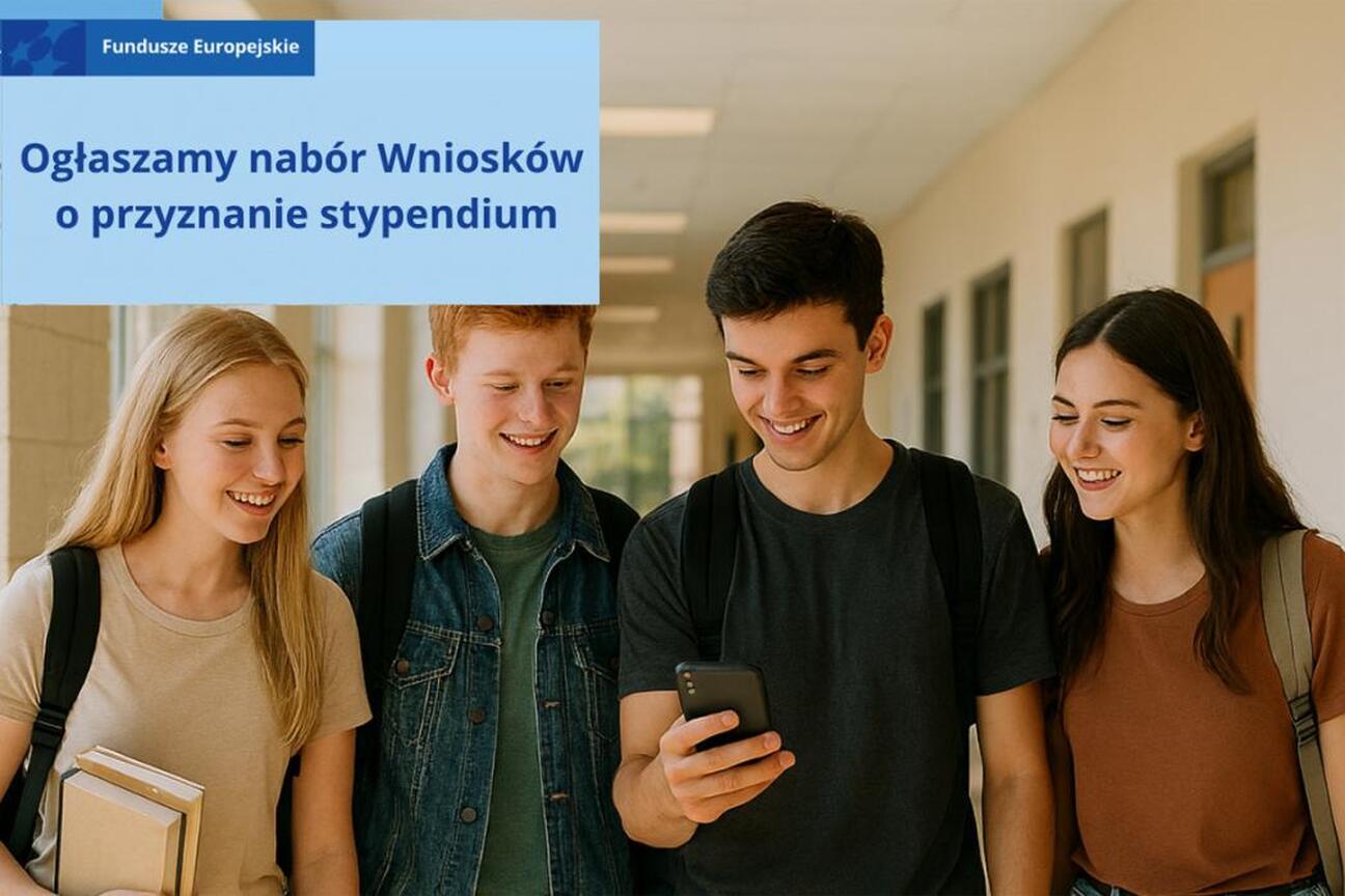 Grupa studentów w szkole ponadpodstawowej, promujące program stypendialny Unii Europejskiej. (wygenerowano przez AI)