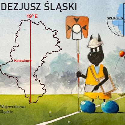 Geodezjusz Śląski z mapą Śląska i południkiem 19°E, symbolizujący 100-lecie Parku Kościuszki w Katowicach. (wygenerowano przez AI)