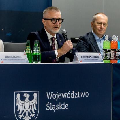 Panel dyskusyjny podczas konferencji prasowej 17. edycji Silesia Marathon. (wygenerowano przez AI)