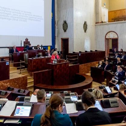 Wniesiona sesja Sejmiku Województwa Śląskiego, gdzie radni omawiają budżet i projekty infrastrukturalne. (wygenerowano przez AI)