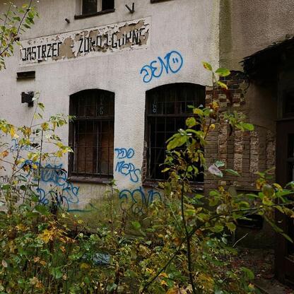 Abandoned building with peeling paint and graffiti, surrounded by overgrown vegetation. (wygenerowano przez AI)