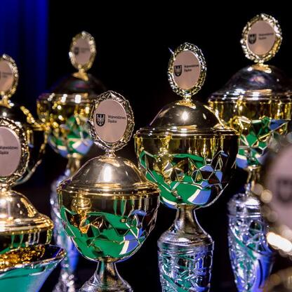 Ornamentowane trofea z emblematem Województwa Śląskiego, nagrody konkursu 