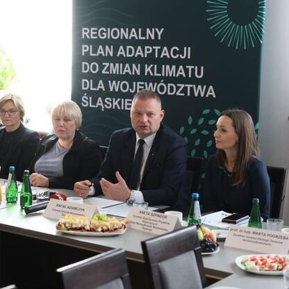 Członek Zarządu Województwa Rafał Adamczyk prowadzi dyskusję o Regionalnym Planie Adaptacji do zmian klimatu dla województwa Śląskiego. (wygenerowano przez AI)