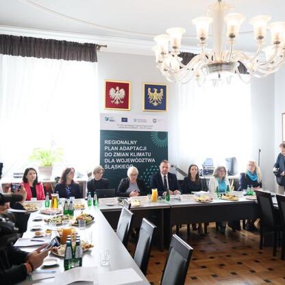Członek Zarządu Województwa Śląskiego Rafał Adamczyk prowadzi spotkanie w konferencyjnym pomieszczeniu, omawiając plany adaptacji do zmian klimatu. (wygenerowano przez AI)