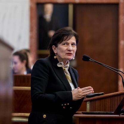 Podczas sesji Młodzieżowego Sejmiku Województwa Śląskiego uczestniczka wypowiada się na temat Tragedii Górnośląskiej. (wygenerowano przez AI)
