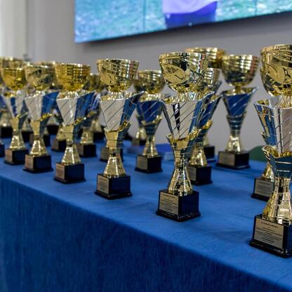 Display of golden trophies on a blue tablecloth, symbolizing the 